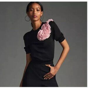 MAEVE by ANTHROPOLOGIE  Black Metallic Sparkle Floral Appliqué Sweater Size X-Sm